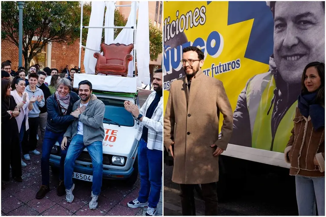 Montaje papamovil Carlos Martinez y camion demoliciones Podemos campana electoral