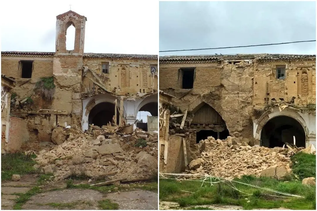 Mosaico derrumbe espadana iglesia convento San Bernardino de Siena Cuenca de Campos provincia Valladolid