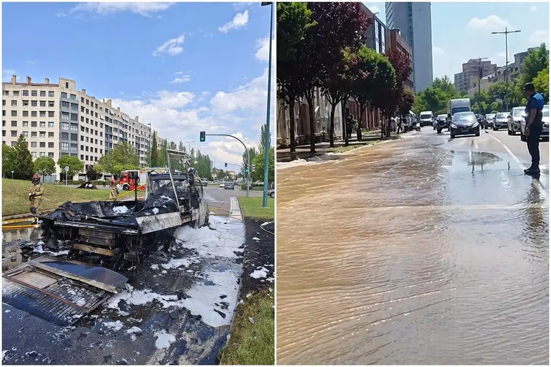 Incendio camion pales Paseo Zorrilla y rotura tuberia agua Avenida de Burgos incidencias Valladolid