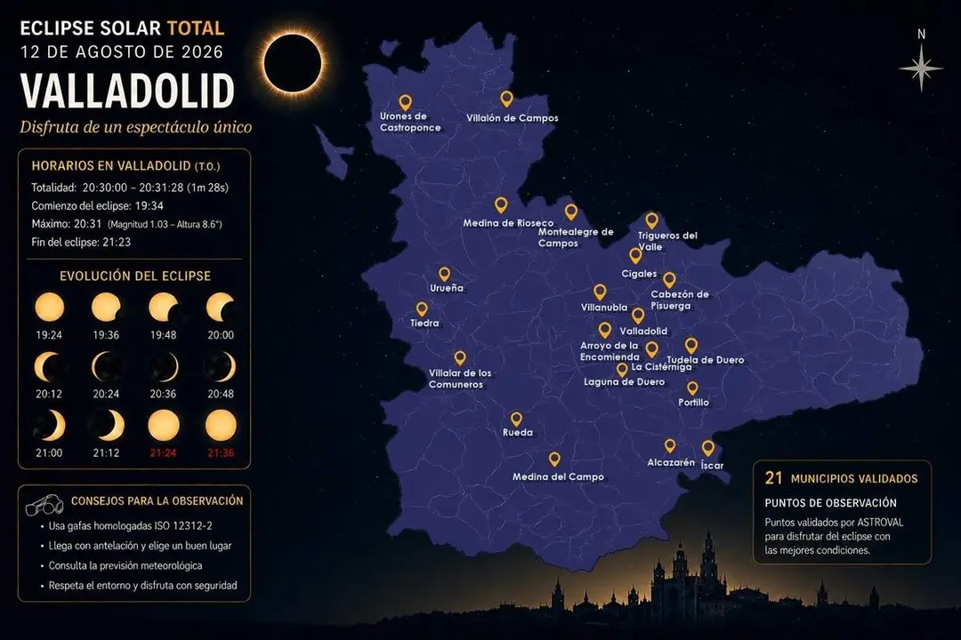 Mapa municipios validados eclipse solar total agosto provincia de Valladolid