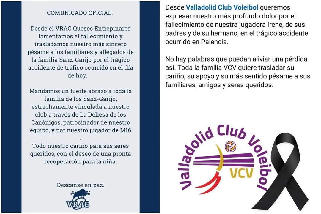 Condolencias VRAC y Club Voleibol Valladolid Alvaro e Irene victimas menores accidente familiar Herrera de Pisuerga