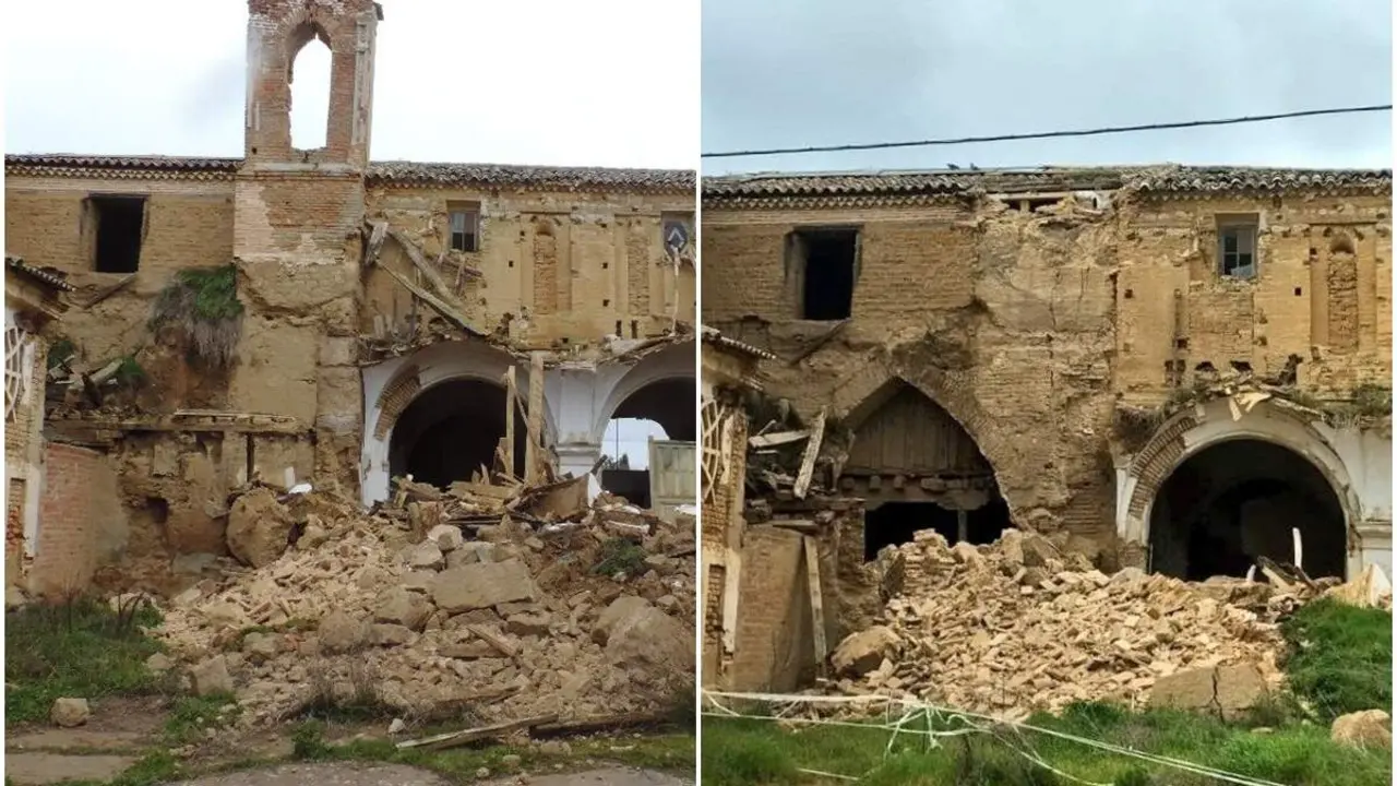 Mosaico derrumbe espadana iglesia convento San Bernardino de Siena Cuenca de Campos provincia Valladolid