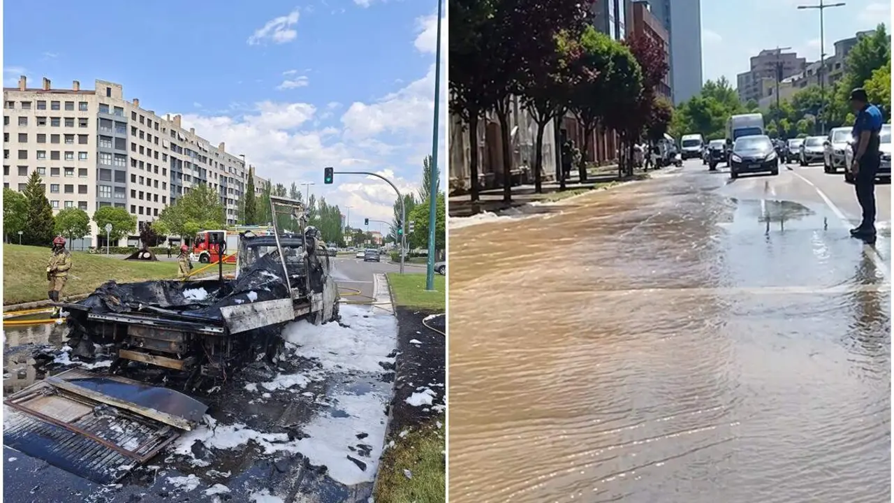 Incendio camion pales Paseo Zorrilla y rotura tuberia agua Avenida de Burgos incidencias Valladolid