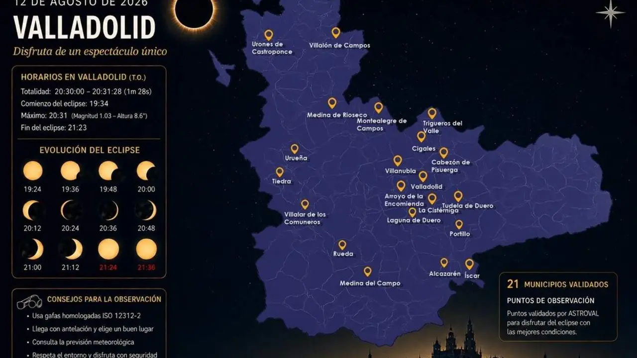 Mapa municipios validados eclipse solar total agosto provincia de Valladolid