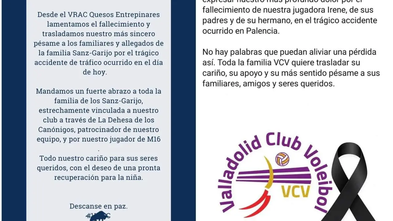 Condolencias VRAC y Club Voleibol Valladolid Alvaro e Irene victimas menores accidente familiar Herrera de Pisuerga